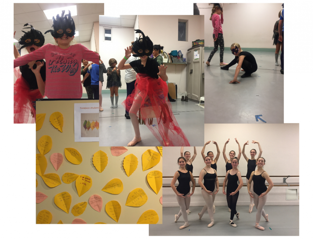 A collage of photos from the Fall 2019 including dancers in costumes, gratitude notes, and poses in the studio.