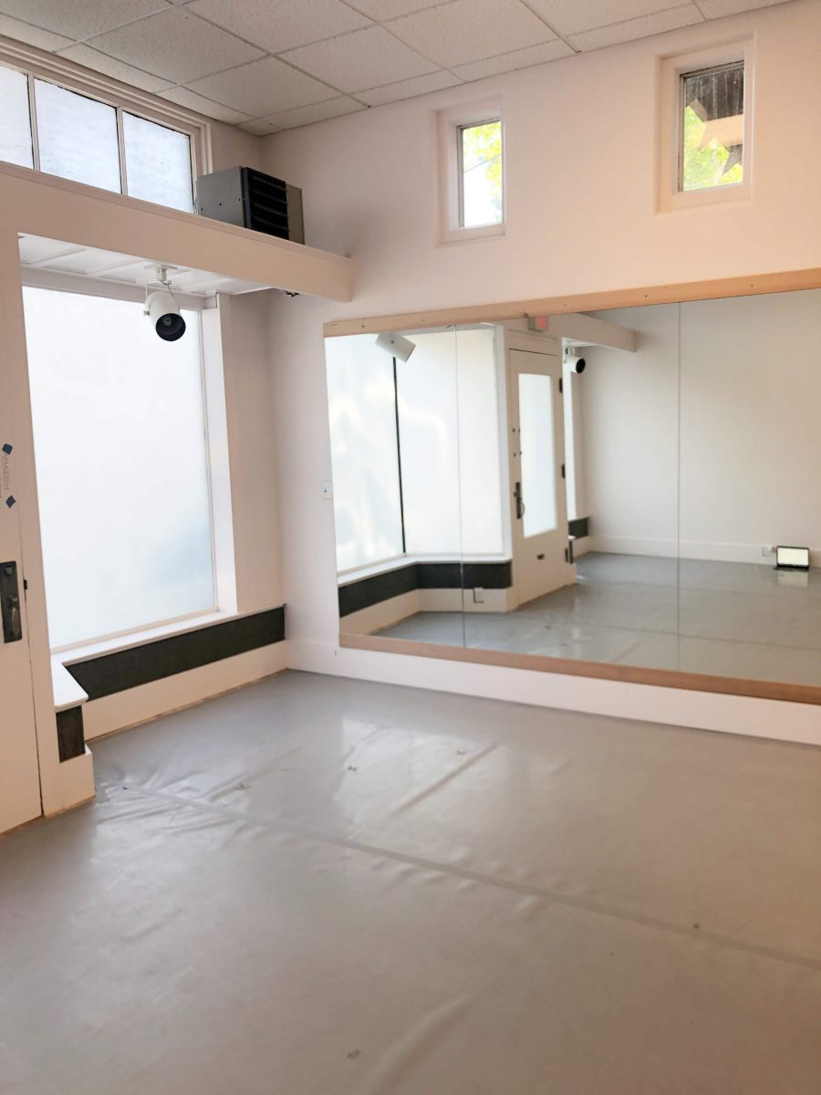 studio 2 has sprung marley floors and mirrors. The exterior window is visible from this angle.