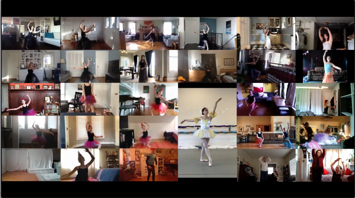 A screenshot of a zoom performance of the Nutcracker, featuring 27 dancers performing from home during the COVID-19 pandemic.