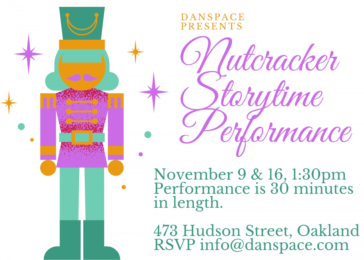 graphic with a nutcracker next to details about the storytime performance for 2024